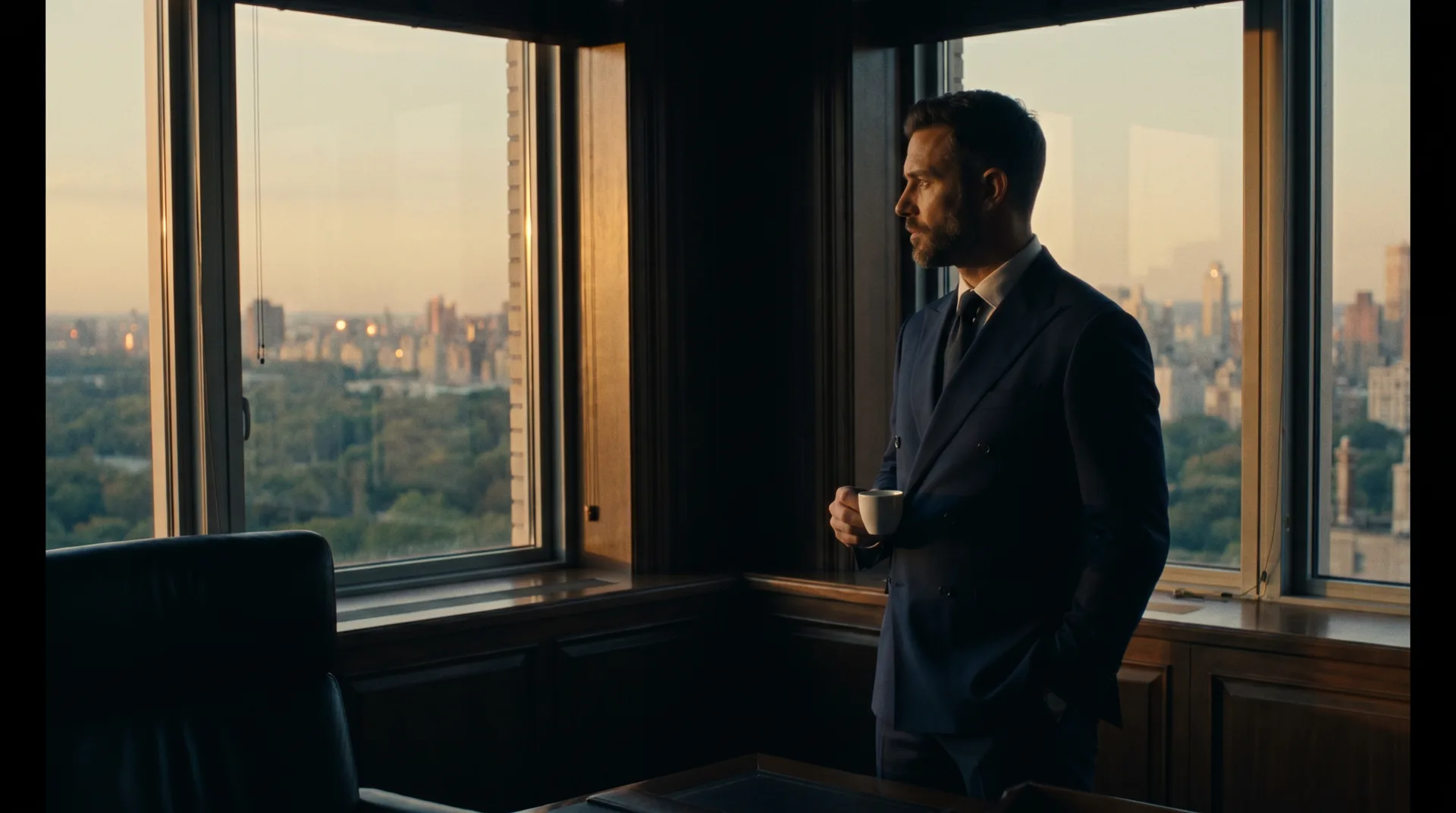 A consultant in a navy double-breasted suit stands in a Manhattan corner office overlooking Central Park at dusk
